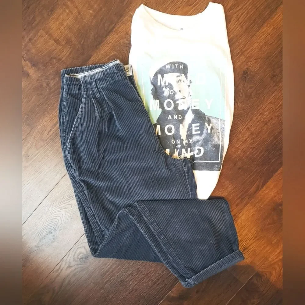 High Waist Vintage Corduroy Grey Classic Retro Corduroy High Rise - Picture 1 of 8